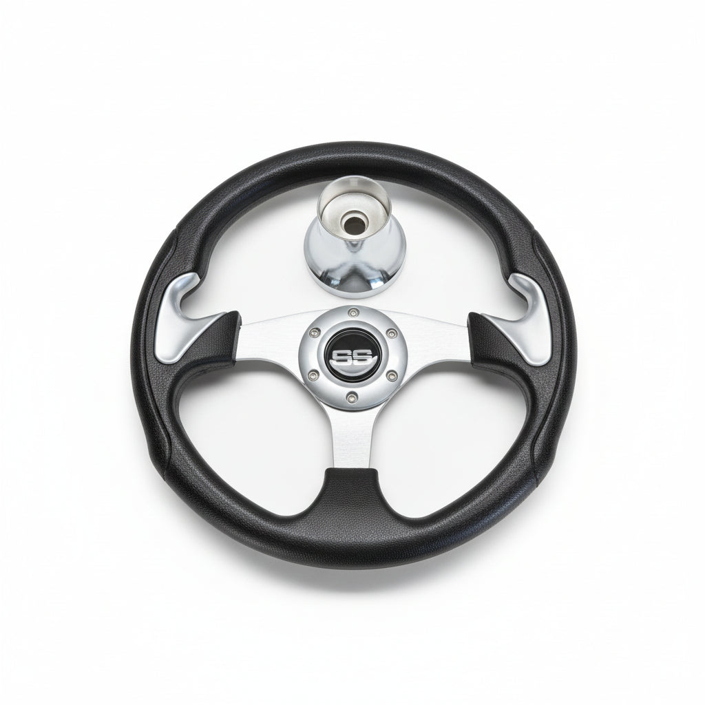 (EZ-GO) Black & Chrome Steering Wheel w/ Hub Adapter Bundle