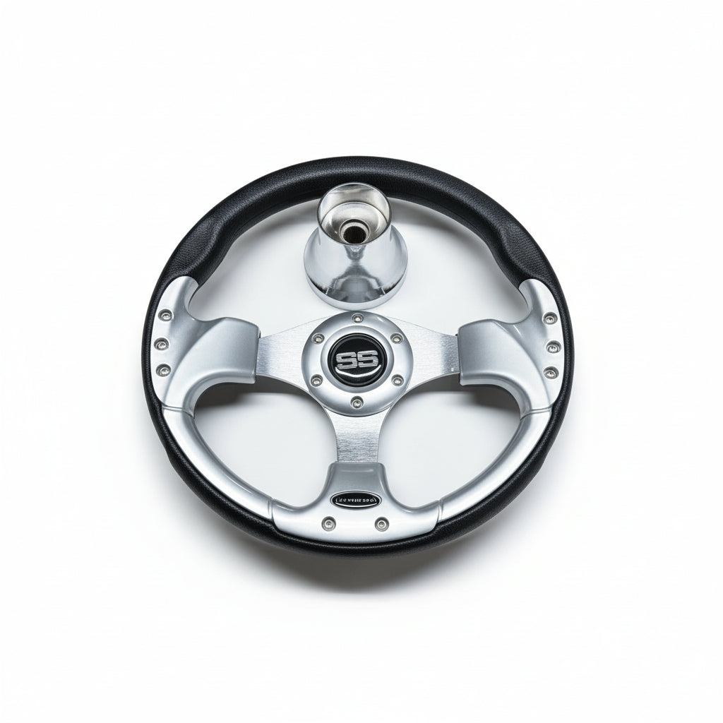 (EZ-GO) Black & Silver Steering Wheel w/ Hub Adapter Bundle